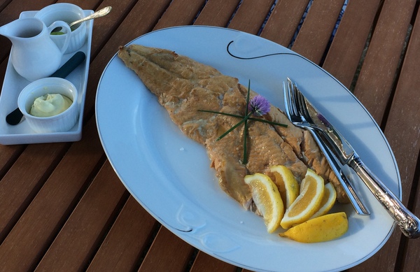 The finished fish served with Whakaipo Lodge's fresh baked whole meal bread (not shown), some wasabi cream fraiche and soy or lemon.